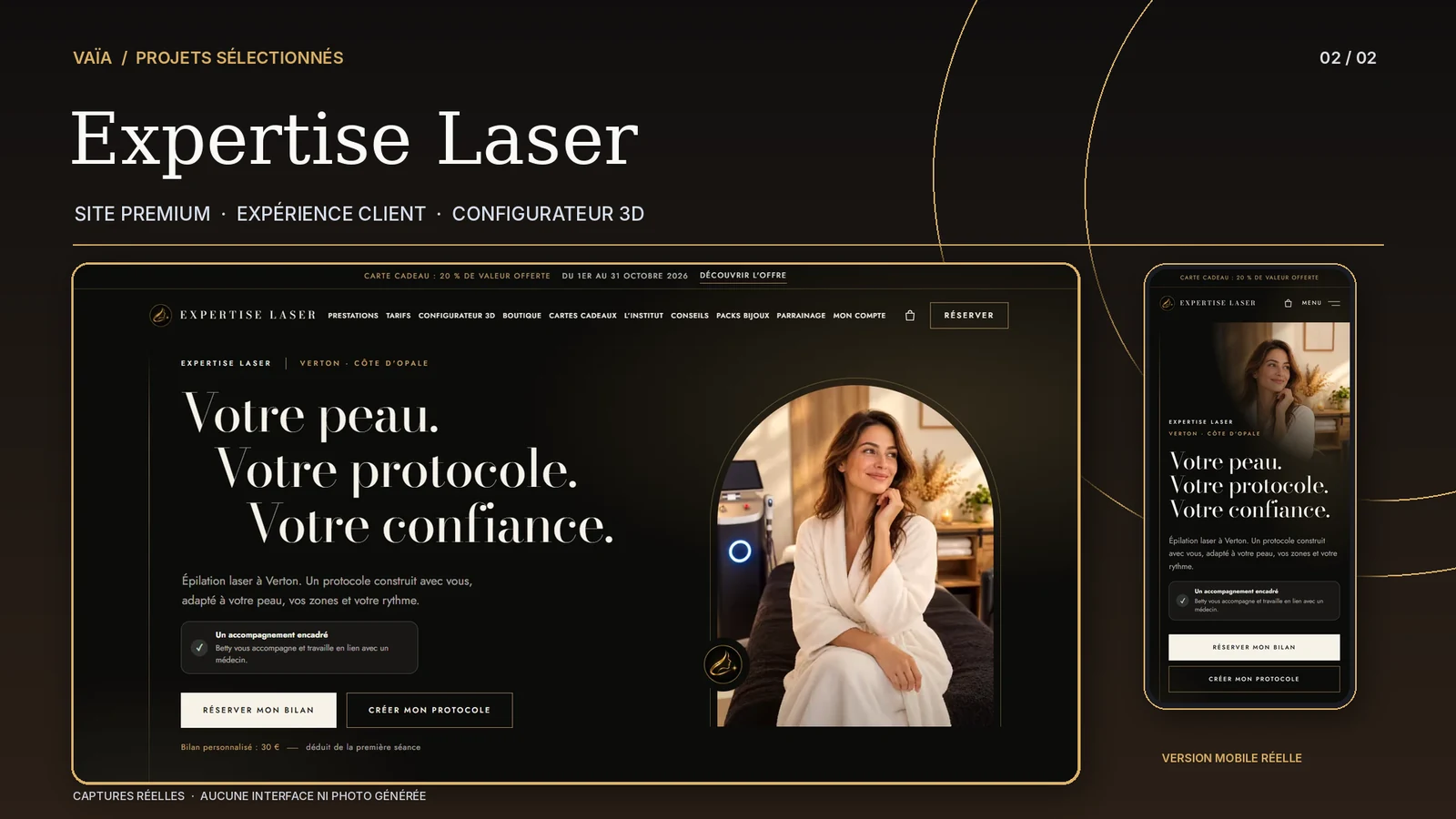 Couverture du portfolio Expertise Laser : captures réelles de la version ordinateur et mobile