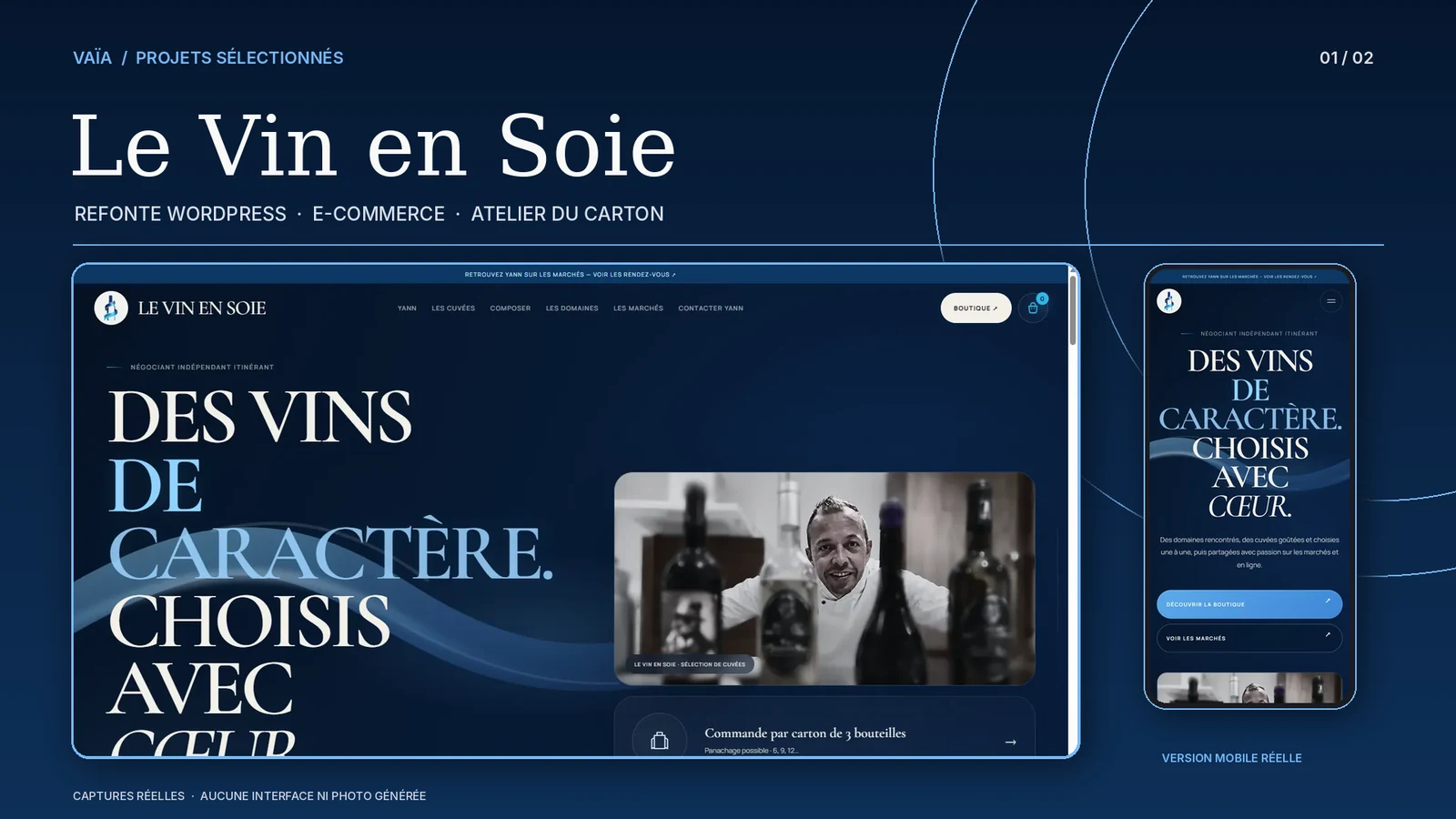 Couverture du portfolio Le Vin en Soie : captures réelles de la version ordinateur et mobile