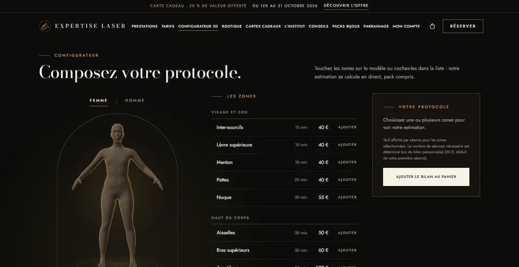 Page du configurateur : « Composez votre protocole. », modèle 3D, liste des zones et récapitulatif
