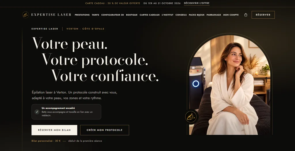 Accueil du site Expertise Laser : « Votre peau. Votre protocole. Votre confiance. », deux boutons et photo de l’institut