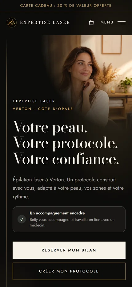 Accueil mobile du site Expertise Laser : photo de l’institut, promesse et deux boutons