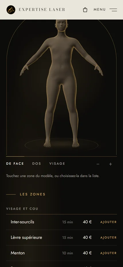 Configurateur sur mobile : modèle 3D vu de face et liste des zones