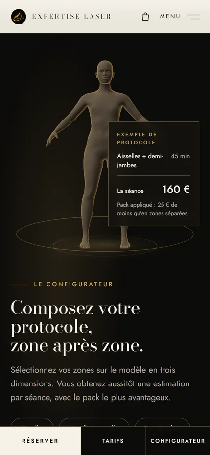 Section configurateur de l’accueil sur mobile : exemple de protocole et barre d’action